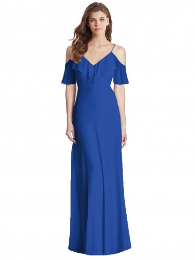 Affordable Cold Shoulder V-Neck Soft Chiffon Royal Blue Long Semi Formal Evening Dress
