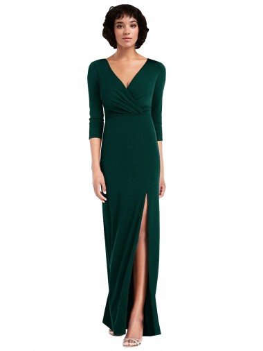 Affordable Long Sleeves V-Neck Spandex Dark Green Long Formal Evening Dress