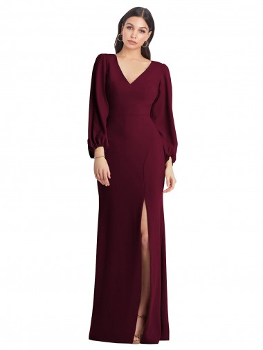 Affordable Puff Sleeves V-Neck Stretch Crepe Burgundy Gold Long Semi Formal Evening Dress