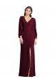 Affordable Puff Sleeves V-Neck Stretch Crepe Burgundy Gold Long Semi Formal Evening Dress