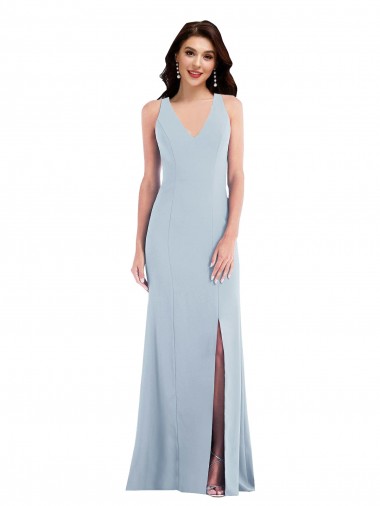 Affordable Sleeveless V-Neck Stretch Crepe Light Sky Blue Long Evening Gowns