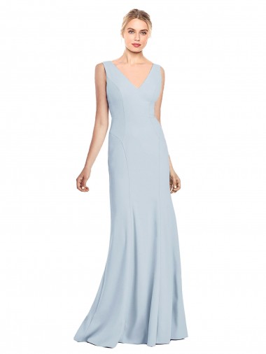 Affordable Sleeveless V-Neck Stretch Crepe Light Sky Blue Long Evening Dress