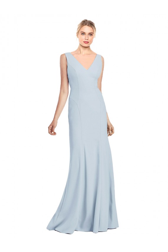 Affordable Sleeveless V-Neck Stretch Crepe Light Sky Blue Long Evening Dress