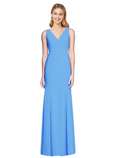 Affordable Sleeveless V-Neck Stretch Crepe Peacock Blue Long Semi Formal Evening Dress