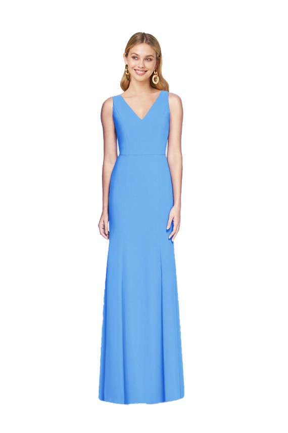Affordable Sleeveless V-Neck Stretch Crepe Peacock Blue Long Semi Formal Evening Dress