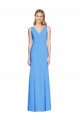 Affordable Sleeveless V-Neck Stretch Crepe Peacock Blue Long Semi Formal Evening Dress