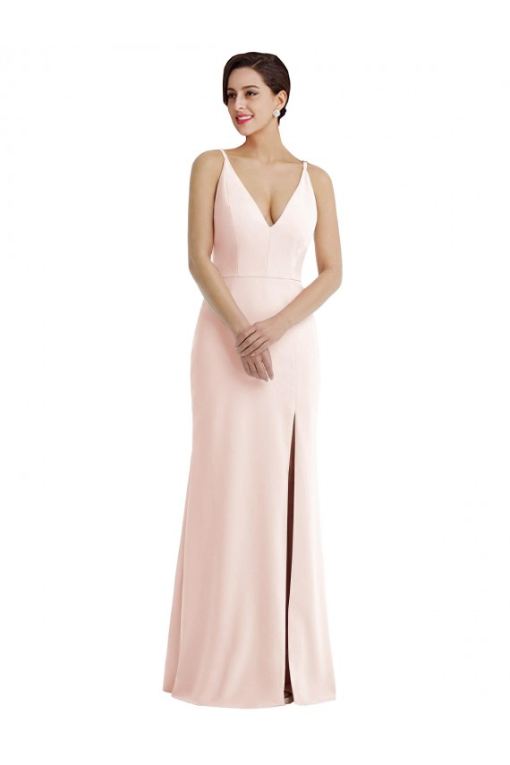 Affordable Sleeveless V-Neck Stretch Crepe Pink Long Formal Evening Dress