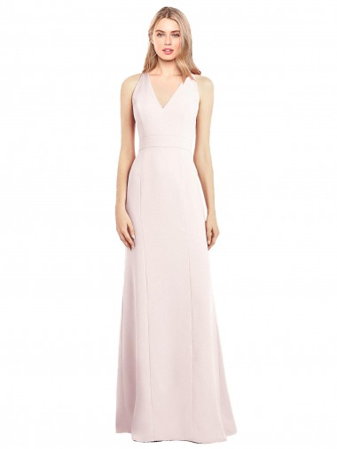 Affordable Sleeveless V-Neck Stretch Crepe Pink Long Semi Formal Evening Dress