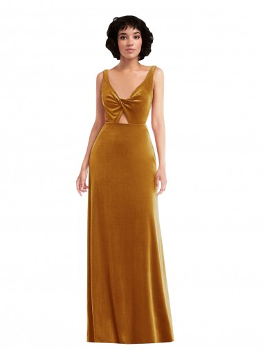 Affordable Sleeveless V-Neck Stretch Velvet Gold Long Semi Formal Evening Dress